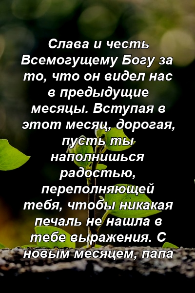 Слава и честь Всемогущему Богу за то, что он видел нас в предыдущие месяцы. Вступая в этот месяц, дорогая, пусть ты наполнишься радостью, переполняющей тебя, чтобы никакая печаль не нашла в тебе выражения. С новым месяцем, папа