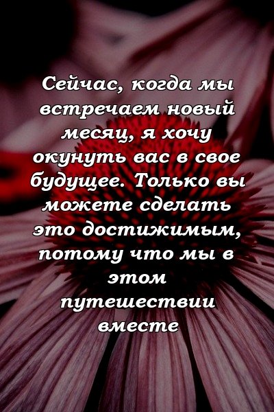 Сейчас, когда мы встречаем новый месяц, я хочу окунуть вас в свое будущее. Только вы можете сделать это достижимым, потому что мы в этом путешествии вместе