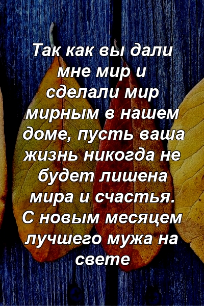 Так как вы дали мне мир и сделали мир мирным в нашем доме, пусть ваша жизнь никогда не будет лишена мира и счастья. С новым месяцем лучшего мужа на свете