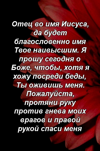 Отец во имя Иисуса, да будет благословенно имя Твое наивысшим. Я прошу сегодня о Боже, чтобы, хотя я хожу посреди беды, Ты оживишь меня. Пожалуйста, протяни руку против гнева моих врагов и правой рукой спаси меня