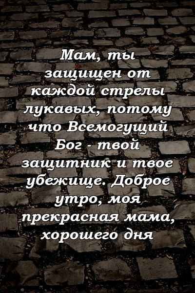 Мам, ты защищен от каждой стрелы лукавых, потому что Всемогущий Бог - твой защитник и твое убежище. Доброе утро, моя прекрасная мама, хорошего дня