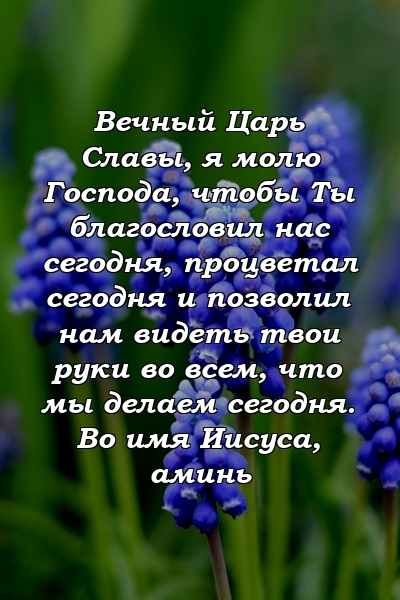 Вечный Царь Славы, я молю Господа, чтобы Ты благословил нас сегодня, процветал сегодня и позволил нам видеть твои руки во всем, что мы делаем сегодня. Во имя Иисуса, аминь