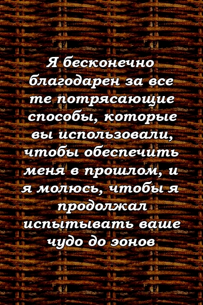 Я бесконечно благодарен за все те потрясающие способы, которые вы использовали, чтобы обеспечить меня в прошлом, и я молюсь, чтобы я продолжал испытывать ваше чудо до эонов