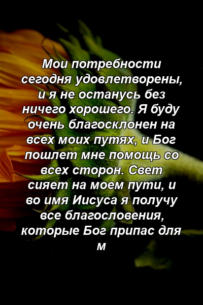 Мои потребности сегодня удовлетворены, и я не останусь без ничего хорошего. Я буду очень благосклонен на всех моих путях, и Бог пошлет мне помощь со всех сторон. Свет сияет на моем пути, и во имя Иисуса я получу все благословения, которые Бог припас для м