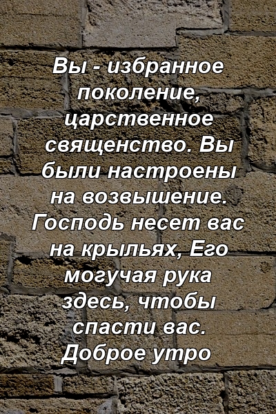 Вы - избранное поколение, царственное священство. Вы были настроены на возвышение. Господь несет вас на крыльях, Его могучая рука здесь, чтобы спасти вас. Доброе утро