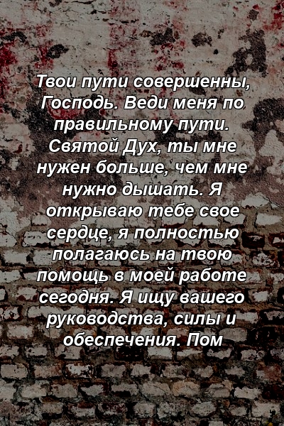 Твои пути совершенны, Господь. Веди меня по правильному пути. Святой Дух, ты мне нужен больше, чем мне нужно дышать. Я открываю тебе свое сердце, я полностью полагаюсь на твою помощь в моей работе сегодня. Я ищу вашего руководства, силы и обеспечения. Пом