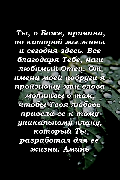 Ты, о Боже, причина, по которой мы живы и сегодня здесь. Все благодаря Тебе, наш любимый Отец. От имени моей подруги я произношу эти слова молитвы о том, чтобы Твоя любовь привела ее к тому уникальному плану, который Ты разработал для ее жизни. Аминь