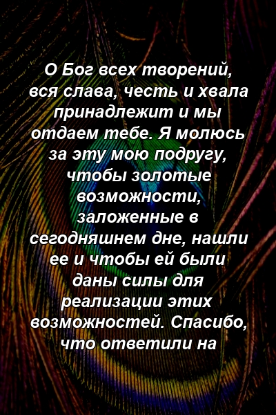 О Бог всех творений, вся слава, честь и хвала принадлежит и мы отдаем тебе. Я молюсь за эту мою подругу, чтобы золотые возможности, заложенные в сегодняшнем дне, нашли ее и чтобы ей были даны силы для реализации этих возможностей. Спасибо, что ответили на