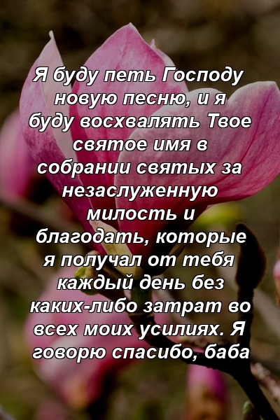 Я буду петь Господу новую песню, и я буду восхвалять Твое святое имя в собрании святых за незаслуженную милость и благодать, которые я получал от тебя каждый день без каких-либо затрат во всех моих усилиях. Я говорю спасибо, баба