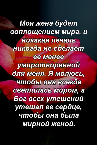 Моя жена будет воплощением мира, и никакая печаль никогда не сделает ее менее умиротворенной для меня. Я молюсь, чтобы она всегда светилась миром, а Бог всех утешений утешал ее сердце, чтобы она была мирной женой.