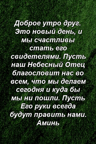 Доброе утро друг. Это новый день, и мы счастливы стать его свидетелями. Пусть наш Небесный Отец благословит нас во всем, что мы делаем сегодня и куда бы мы ни пошли. Пусть Его руки всегда будут править нами. Аминь