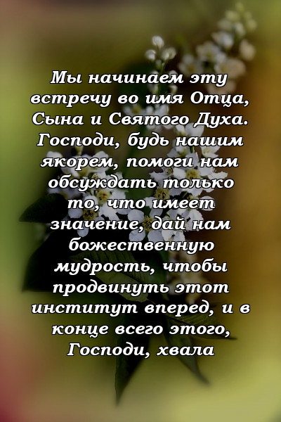 Мы начинаем эту встречу во имя Отца, Сына и Святого Духа. Господи, будь нашим якорем, помоги нам обсуждать только то, что имеет значение, дай нам божественную мудрость, чтобы продвинуть этот институт вперед, и в конце всего этого, Господи, хвала