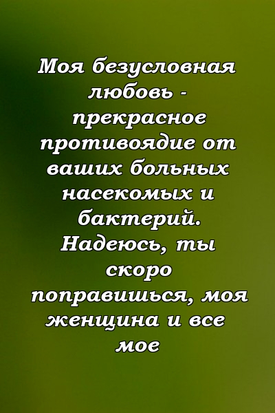 Моя безусловная любовь - прекрасное противоядие от ваших больных насекомых и бактерий. Надеюсь, ты скоро поправишься, моя женщина и все мое