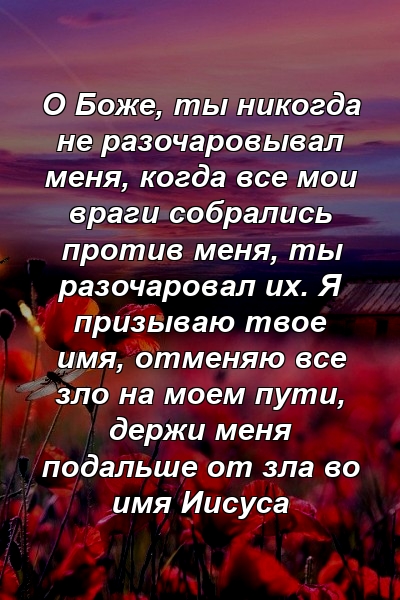 О Боже, ты никогда не разочаровывал меня, когда все мои враги собрались против меня, ты разочаровал их. Я призываю твое имя, отменяю все зло на моем пути, держи меня подальше от зла ​​во имя Иисуса