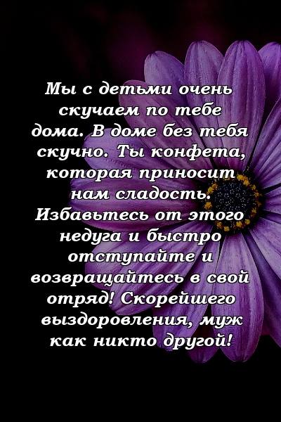 Мы с детьми очень скучаем по тебе дома. В доме без тебя скучно. Ты конфета, которая приносит нам сладость. Избавьтесь от этого недуга и быстро отступайте и возвращайтесь в свой отряд! Скорейшего выздоровления, муж как никто другой!