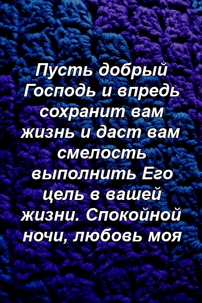 Пусть добрый Господь и впредь сохранит вам жизнь и даст вам смелость выполнить Его цель в вашей жизни. Спокойной ночи, любовь моя