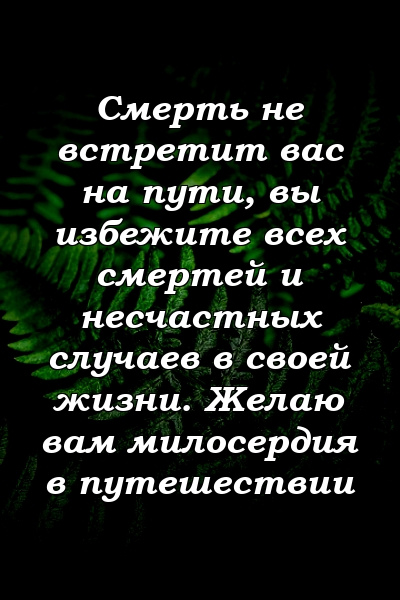 Смерть не встретит вас на пути, вы избежите всех смертей и несчастных случаев в своей жизни. Желаю вам милосердия в путешествии