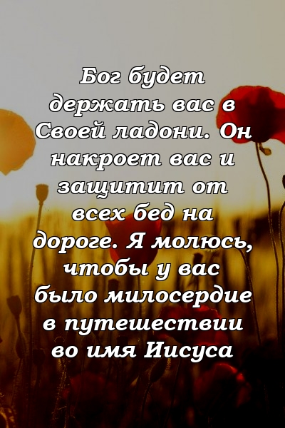 Бог будет держать вас в Своей ладони. Он накроет вас и защитит от всех бед на дороге. Я молюсь, чтобы у вас было милосердие в путешествии во имя Иисуса