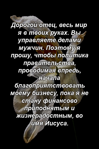 Дорогой отец, весь мир я в твоих руках. Вы управляете делами мужчин. Поэтому я прошу, чтобы политика правительства, проводимая впредь, начала благоприятствовать моему бизнесу, пока я не стану финансово приподнятым и жизнерадостным, во имя Иисуса.