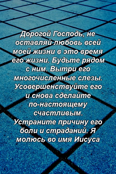 Дорогой Господь, не оставляй любовь всей моей жизни в это время его жизни. Будьте рядом с ним. Вытри его многочисленные слезы. Усовершенствуйте его и снова сделайте по-настоящему счастливым. Устраните причину его боли и страданий. Я молюсь во имя Иисуса