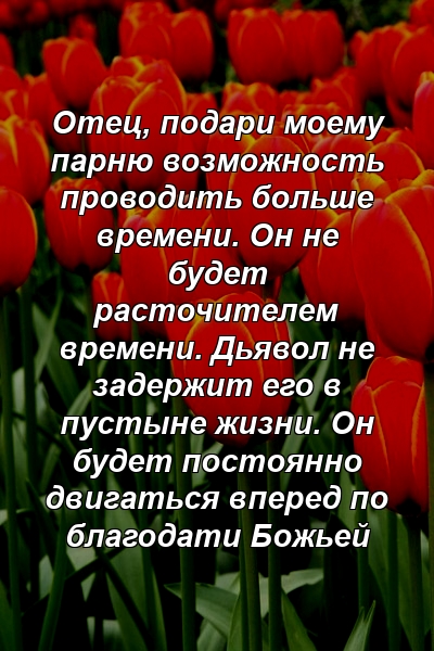 Отец, подари моему парню возможность проводить больше времени. Он не будет расточителем времени. Дьявол не задержит его в пустыне жизни. Он будет постоянно двигаться вперед по благодати Божьей