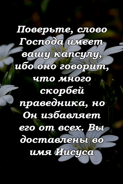 Поверьте, слово Господа имеет вашу капсулу, ибо оно говорит, что много скорбей праведника, но Он избавляет его от всех. Вы доставлены во имя Иисуса