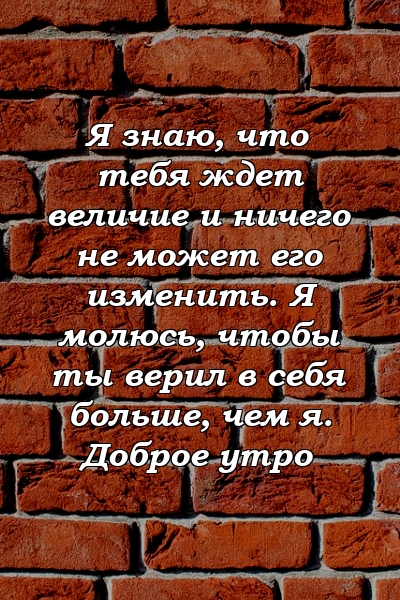 Я знаю, что тебя ждет величие и ничего не может его изменить. Я молюсь, чтобы ты верил в себя больше, чем я. Доброе утро