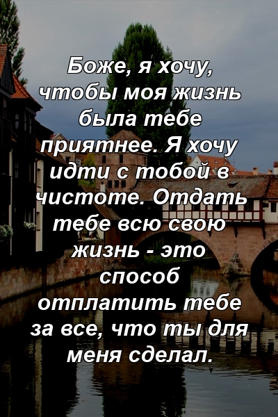 Боже, я хочу, чтобы моя жизнь была тебе приятнее. Я хочу идти с тобой в чистоте. Отдать тебе всю свою жизнь - это способ отплатить тебе за все, что ты для меня сделал.