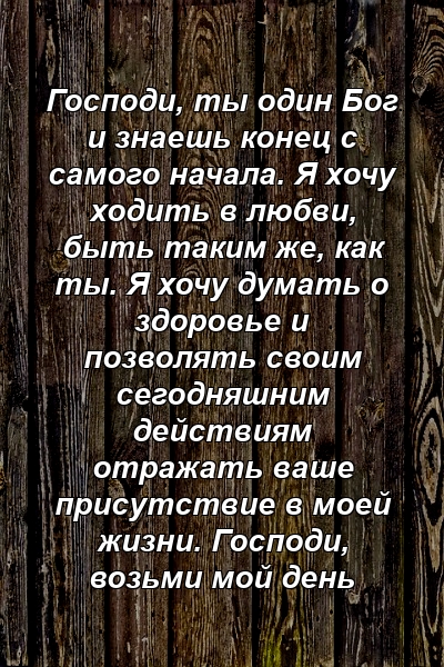 Господи, ты один Бог и знаешь конец с самого начала. Я хочу ходить в любви, быть таким же, как ты. Я хочу думать о здоровье и позволять своим сегодняшним действиям отражать ваше присутствие в моей жизни. Господи, возьми мой день