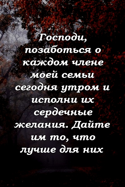 Господи, позаботься о каждом члене моей семьи сегодня утром и исполни их сердечные желания. Дайте им то, что лучше для них