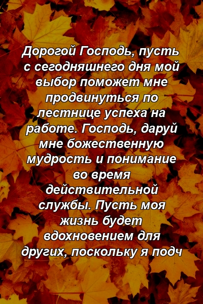 Дорогой Господь, пусть с сегодняшнего дня мой выбор поможет мне продвинуться по лестнице успеха на работе. Господь, даруй мне божественную мудрость и понимание во время действительной службы. Пусть моя жизнь будет вдохновением для других, поскольку я подч