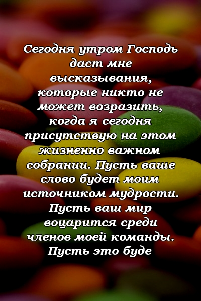 Сегодня утром Господь даст мне высказывания, которые никто не может возразить, когда я сегодня присутствую на этом жизненно важном собрании. Пусть ваше слово будет моим источником мудрости. Пусть ваш мир воцарится среди членов моей команды. Пусть это буде