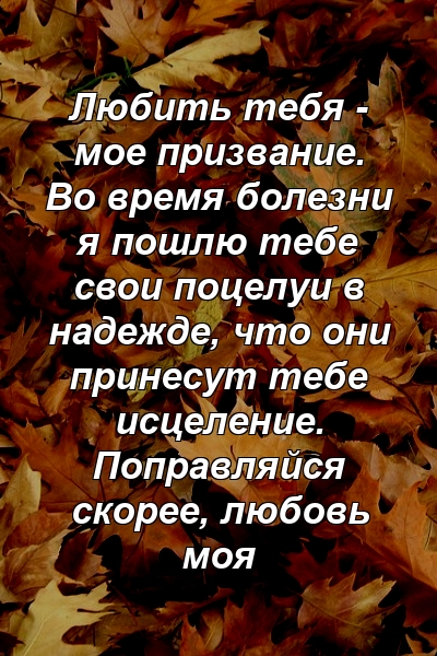 Любить тебя - мое призвание. Во время болезни я пошлю тебе свои поцелуи в надежде, что они принесут тебе исцеление. Поправляйся скорее, любовь моя