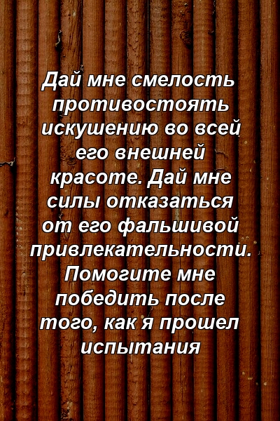 Дай мне смелость противостоять искушению во всей его внешней красоте. Дай мне силы отказаться от его фальшивой привлекательности. Помогите мне победить после того, как я прошел испытания