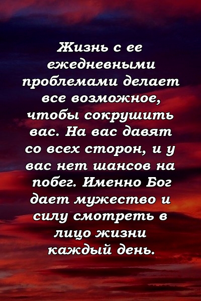 Жизнь с ее ежедневными проблемами делает все возможное, чтобы сокрушить вас. На вас давят со всех сторон, и у вас нет шансов на побег. Именно Бог дает мужество и силу смотреть в лицо жизни каждый день.