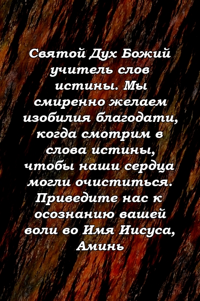 Святой Дух Божий учитель слов истины. Мы смиренно желаем изобилия благодати, когда смотрим в слова истины, чтобы наши сердца могли очиститься. Приведите нас к осознанию вашей воли во Имя Иисуса, Аминь