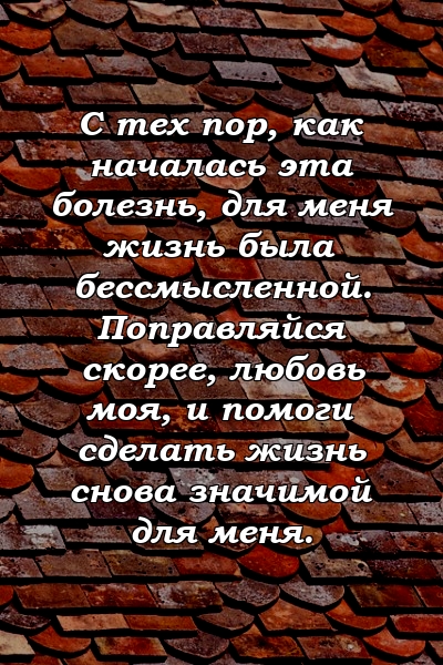 С тех пор, как началась эта болезнь, для меня жизнь была бессмысленной. Поправляйся скорее, любовь моя, и помоги сделать жизнь снова значимой для меня.