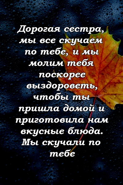 Дорогая сестра, мы все скучаем по тебе, и мы молим тебя поскорее выздороветь, чтобы ты пришла домой и приготовила нам вкусные блюда. Мы скучали по тебе