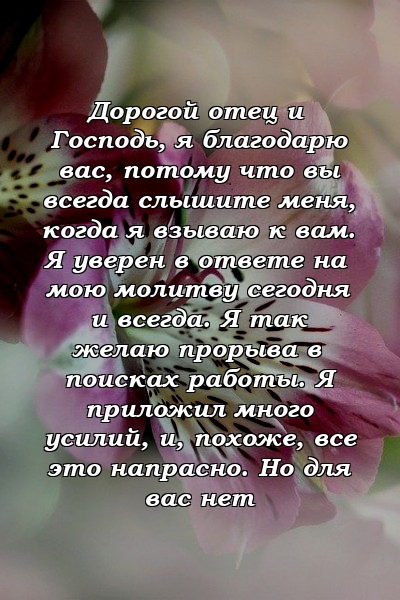 Дорогой отец и Господь, я благодарю вас, потому что вы всегда слышите меня, когда я взываю к вам. Я уверен в ответе на мою молитву сегодня и всегда. Я так желаю прорыва в поисках работы. Я приложил много усилий, и, похоже, все это напрасно. Но для вас нет