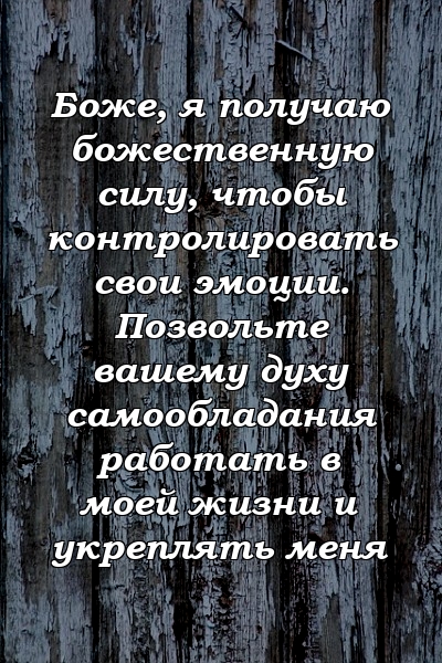 Боже, я получаю божественную силу, чтобы контролировать свои эмоции. Позвольте вашему духу самообладания работать в моей жизни и укреплять меня