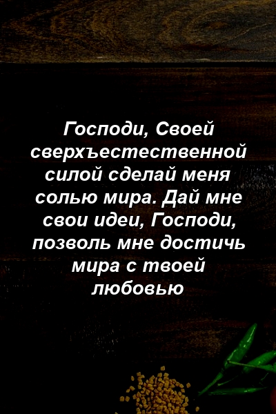 Господи, Своей сверхъестественной силой сделай меня солью мира. Дай мне свои идеи, Господи, позволь мне достичь мира с твоей любовью