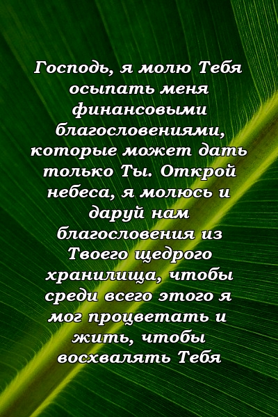 Господь, я молю Тебя осыпать меня финансовыми благословениями, которые может дать только Ты. Открой небеса, я молюсь и даруй нам благословения из Твоего щедрого хранилища, чтобы среди всего этого я мог процветать и жить, чтобы восхвалять Тебя