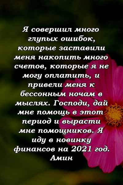 Я совершил много глупых ошибок, которые заставили меня накопить много счетов, которые я не могу оплатить, и привели меня к бессонным ночам в мыслях. Господи, дай мне помощь в этот период и вырасти мне помощников. Я иду в новинку финансов на 2021 год. Амин