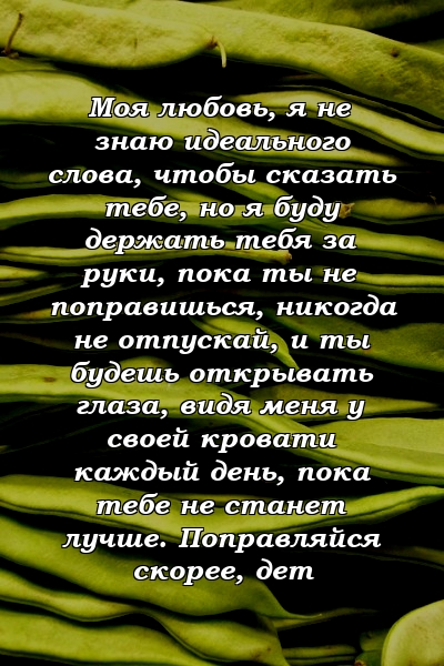 Моя любовь, я не знаю идеального слова, чтобы сказать тебе, но я буду держать тебя за руки, пока ты не поправишься, никогда не отпускай, и ты будешь открывать глаза, видя меня у своей кровати каждый день, пока тебе не станет лучше. Поправляйся скорее, дет