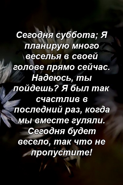 Сегодня суббота; Я планирую много веселья в своей голове прямо сейчас. Надеюсь, ты пойдешь? Я был так счастлив в последний раз, когда мы вместе гуляли. Сегодня будет весело, так что не пропустите!