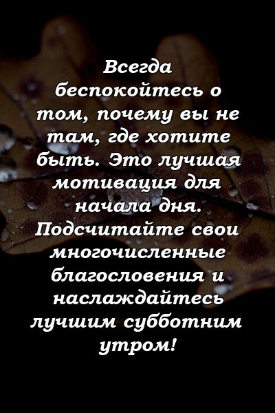 Всегда беспокойтесь о том, почему вы не там, где хотите быть. Это лучшая мотивация для начала дня. Подсчитайте свои многочисленные благословения и наслаждайтесь лучшим субботним утром!