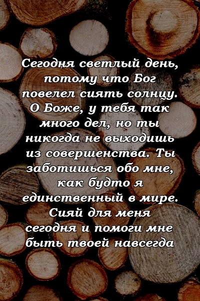 Сегодня светлый день, потому что Бог повелел сиять солнцу. О Боже, у тебя так много дел, но ты никогда не выходишь из совершенства. Ты заботишься обо мне, как будто я единственный в мире. Сияй для меня сегодня и помоги мне быть твоей навсегда