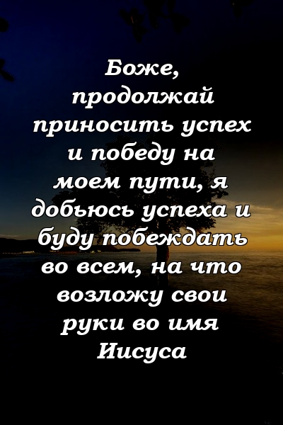 Боже, продолжай приносить успех и победу на моем пути, я добьюсь успеха и буду побеждать во всем, на что возложу свои руки во имя Иисуса