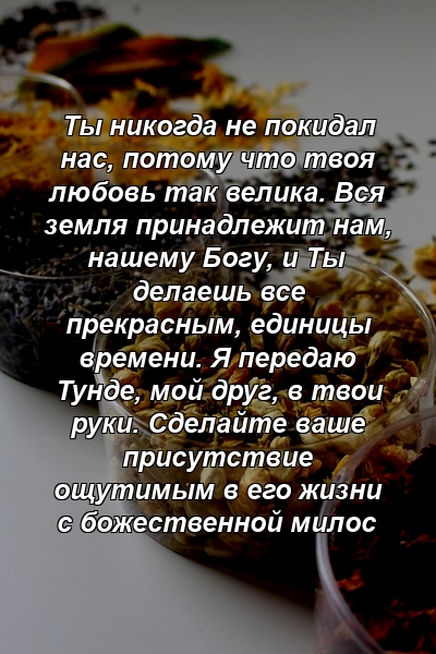 Ты никогда не покидал нас, потому что твоя любовь так велика. Вся земля принадлежит нам, нашему Богу, и Ты делаешь все прекрасным, единицы времени. Я передаю Тунде, мой друг, в твои руки. Сделайте ваше присутствие ощутимым в его жизни с божественной милос