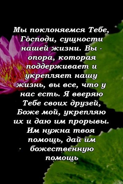 Мы поклоняемся Тебе, Господи, сущности нашей жизни. Вы - опора, которая поддерживает и укрепляет нашу жизнь, вы все, что у нас есть. Я вверяю Тебе своих друзей, Боже мой, укрепляю их и даю им прорывы. Им нужна твоя помощь, дай им божественную помощь